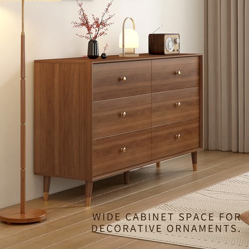 Mid Century Modern 6-Drawer Dresser, 47.2" Solid Wood Frame Chest, Walnut, view 8