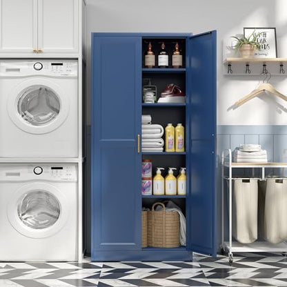 Kitchen Pantry Cabinet,71” Metal Pantry Storage Cabinets with Doors and 4 Adjustable Shelves,Blue Kitchen Cabinet with 2 Gold Handles,Tall Cabinet for Livingroom