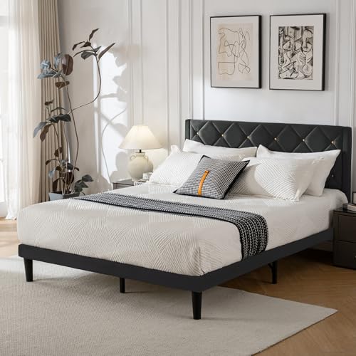 Full Size Platform Bed Frame with Velvet Headboard, view 4
