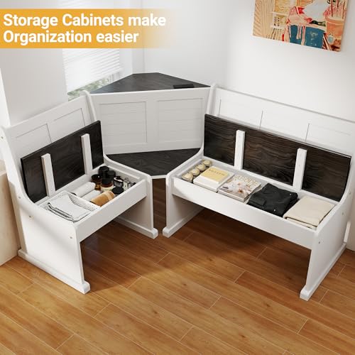 Corner Breakfast Nook Dining Set with Storage, L-Shape Kitchen Table with 2 AC Outlets, Space-Saving Bench Seats 5, Scratch & Heat Resistant