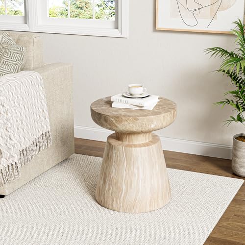 Jayme 15"Lightweight Concrete End Table, Indoor Outdoor Accent Side Table, Travertine Round Tabletop, Easy Move, Decorative Garden Stool for Poolside Balcony Living Room, Gold
