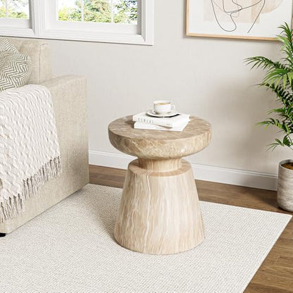 Jayme 15"Lightweight Concrete End Table, Indoor Outdoor Accent Side Table, Travertine Round Tabletop, Easy Move, Decorative Garden Stool for Poolside Balcony Living Room, Gold