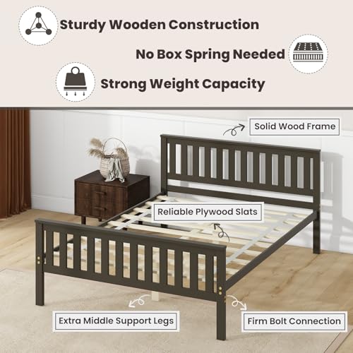 Full Size Wood Platform Bed Frame, Mid Century Full Bed Frame with Headboard, view 6