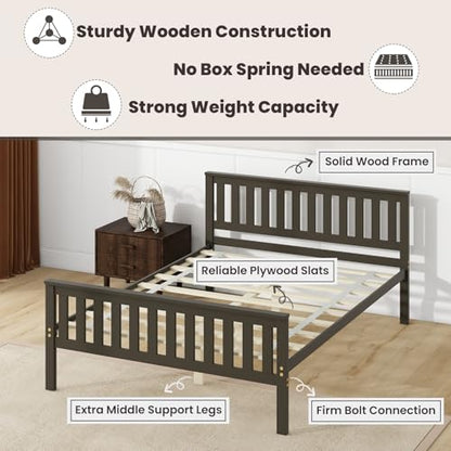 Full Size Wood Platform Bed Frame, Mid Century Full Bed Frame with Headboard, view 6