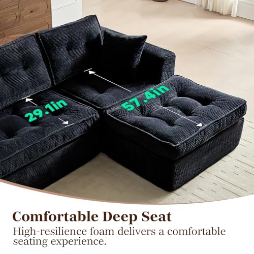 Cloud Couches for Living Room, Modern Modular Sectional Sofa with L-Shape Chaise, Boneless Couch with Deep Seat, Plush Corduroy, No Assembly Required (Black)