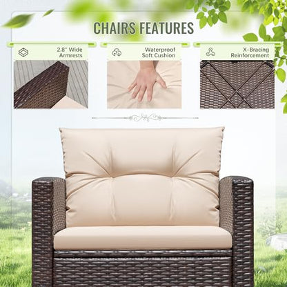 3 Pieces Patio Furniture Sets Outdoor PE Rattan Wicker Chairs with Soft Cushion and Glass Coffee Table for Garden Backyard Porch Poolside, Beige
