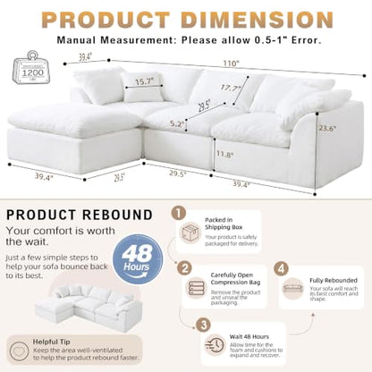 110" Boneless Cloud Couch Sectional for Living Room, view 3