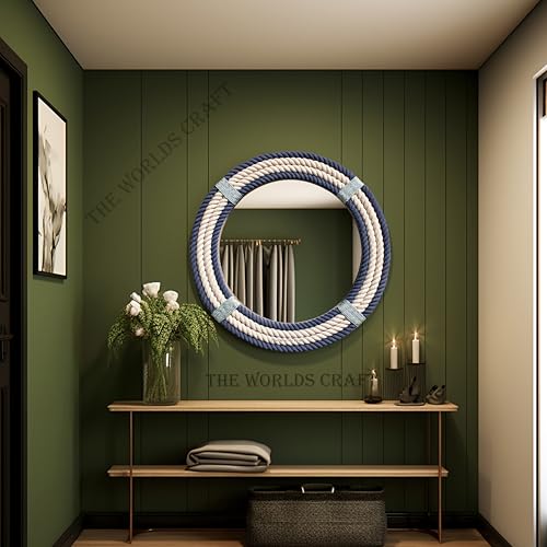 Nautical Round Rope Mirror, White Twisted Rope Wall Hanging Mirror, Rustic Coastal Boho Farmhouse Wall Décor for Bathroom, Bedroom, Nursery, Entryway & Living Room