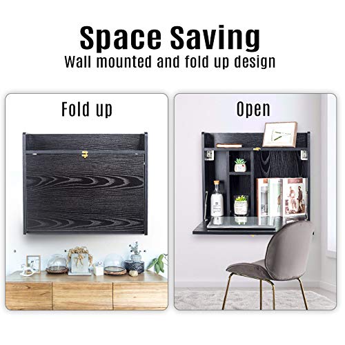 Wall Mounted Table, Multifunctional Fold Down Wall Mounted Laptop Computer Desk with Storage Compartments for Home, Office (Black)