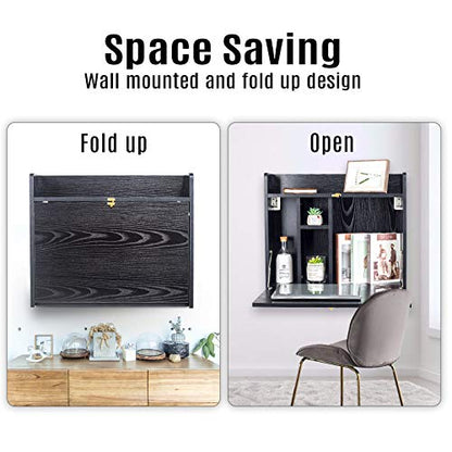 Wall Mounted Table, Multifunctional Fold Down Wall Mounted Laptop Computer Desk with Storage Compartments for Home, Office (Black)