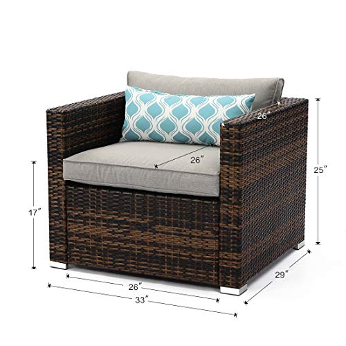 All-Weather Patio Chair, Single Brown Wicker Chair with Thick Gray Cushions & Teal Pillow, Outdoor Rocking Chair for Porch, Garden, Poolside