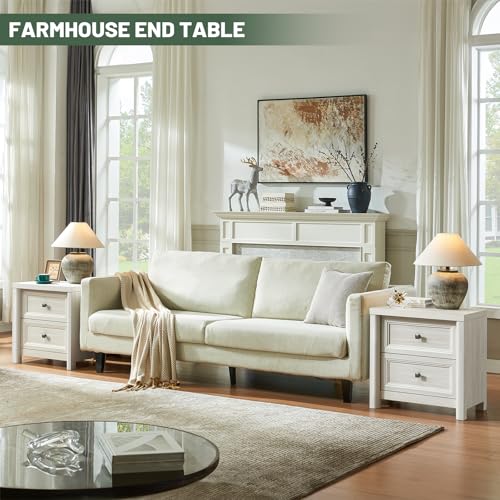 White Night Stand with Drawers, Rustic Washed White Nightstand, Farmhouse Bed Side Table for Bedroom, Bedside End Table for Living Room, Bedroom Furniture, Large Storage Wood Nightstand