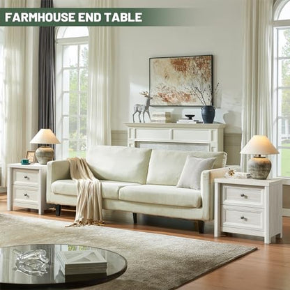 White Night Stand with Drawers, Rustic Washed White Nightstand, Farmhouse Bed Side Table for Bedroom, Bedside End Table for Living Room, Bedroom Furniture, Large Storage Wood Nightstand