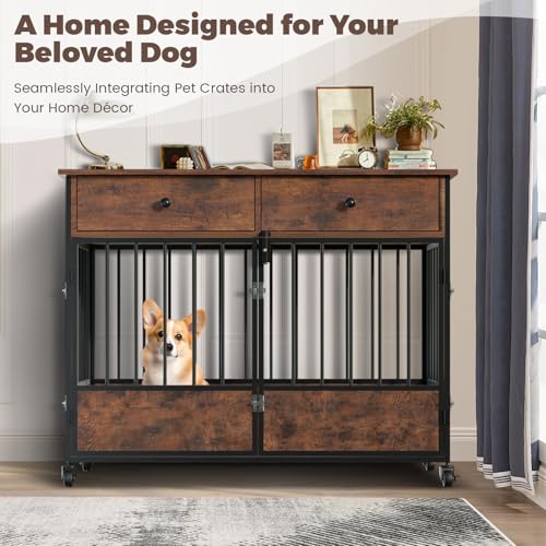 44.5" Dog Crate Furniture, Wooden Dog Kennel with Storage Drawers, view 7