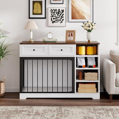 47" Dog Crate Furniture with Drawers and Open Shelves, White, view 5