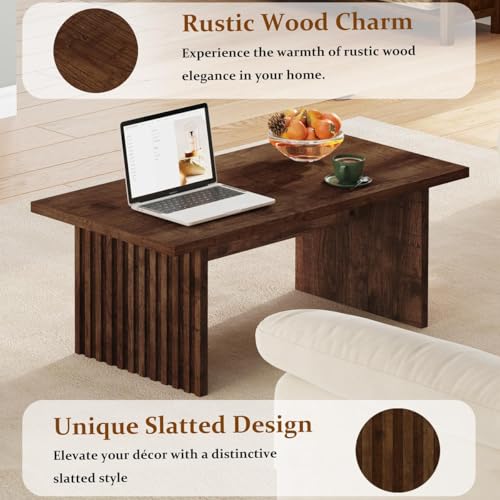 Coffee Table for Living Room, 43Inch Farmhouse Wood Center Table, Rectangle Mid-Century Living Room Tables, Unique Fluted Panel Coffee Tables (Rustic Oak)