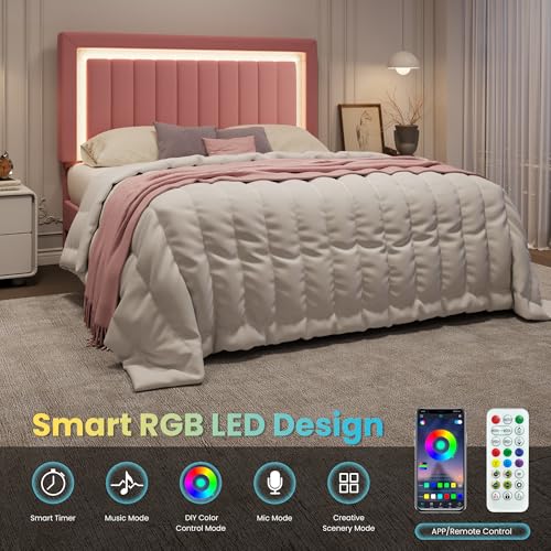 Queen Size Velvet Bed Frame with LED Light, Pink, view 5
