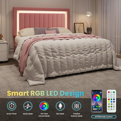 Queen Size Velvet Bed Frame with LED Light, Pink, view 5