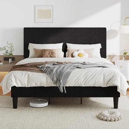 King Bed Frame, Corduroy Tufted Headboard, Black, view 5