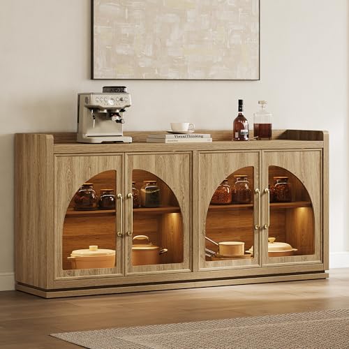 Sideboard Buffet Cabinet with Storage, LED Lights, Arch Glass Doors, view 2