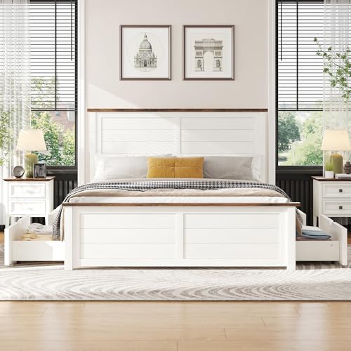 Wooden queen bed frame in beige with headboard, view 7