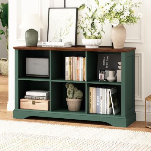 6 Cube Storage Organizer - 47.4" Farmhouse Wood Low Bookshelf, 3 Tier Horizontal Open Shelf Bookcase Cubby Storage Console Cabinet for Living Room, Entryway, Office, Green
