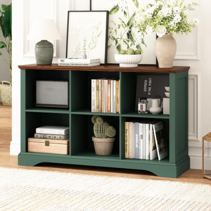 6 Cube Storage Organizer - 47.4" Farmhouse Wood Low Bookshelf, 3 Tier Horizontal Open Shelf Bookcase Cubby Storage Console Cabinet for Living Room, Entryway, Office, Green