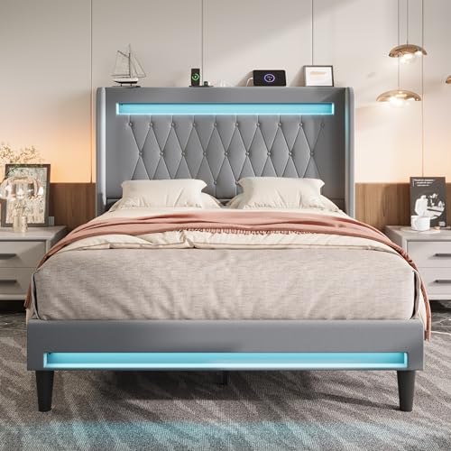 Queen Size Upholstered Bed Frame with LED & Charging Station, Gray, view 6