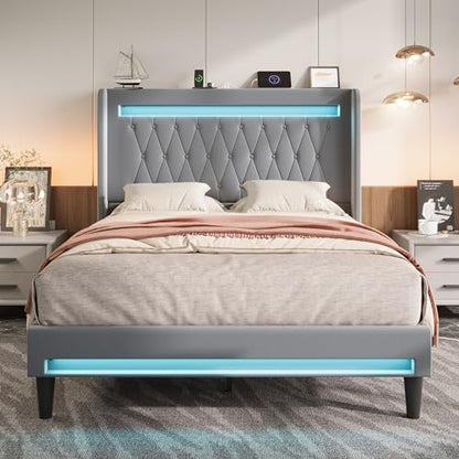 Queen Size Upholstered Bed Frame with LED & Charging Station, Gray, view 6