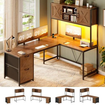 Reversible Farmhouse L Shaped Office Desk with Drawer, Hutch, view 2