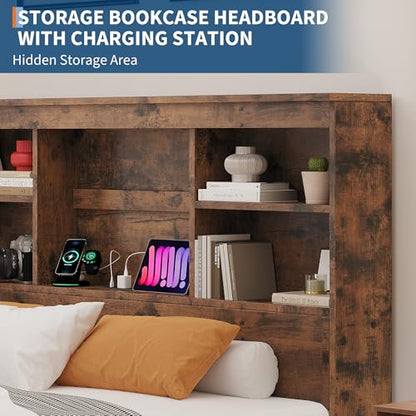 King Size Bed Frame with High Storage Bookcase Headboard,Brown, view 8
