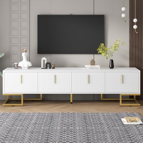 ON-TREND Modern TV Stand with Metal Legs and Gold Handles for TVs Up to 80'', Media Console Table with Cabinets and Adjustable Shelves, Luxury TV Cabinet with Geometric Lines for Living Room, White