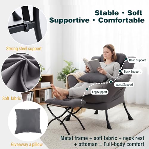 Lazy Chair with Ottoman, Large Accent Chair with Ottoman and a Throw Pillow, Dark Grey Reading Chair for Living Room Bedroom Dorm Room Office Apartment Relaxing Use