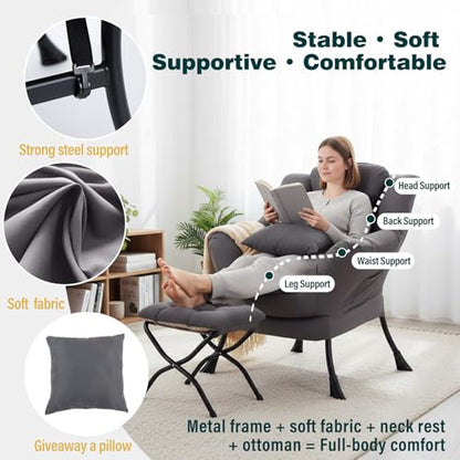 Lazy Chair with Ottoman, Large Accent Chair with Ottoman and a Throw Pillow, Dark Grey Reading Chair for Living Room Bedroom Dorm Room Office Apartment Relaxing Use