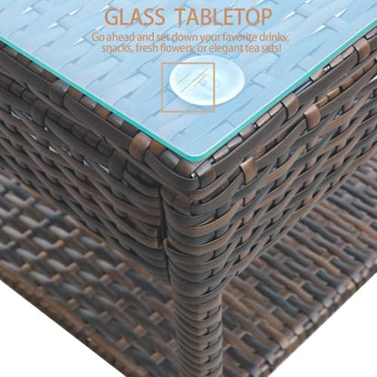 3 Piece Patio Furniture Set Outdoor PE Rattan Wicker Chair with Soft Cushion and Glass Coffee Table for Garden Backyard Porch Poolside (Brown/Red)