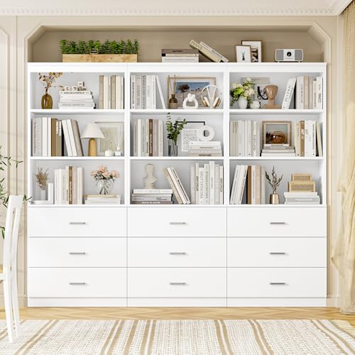 71" H White Bookshelf with Drawers, Bookshelf and Bookcase with 3-Tier Open Shelves, Tall Bookshelf Tall Storage Cabinet for Home Office