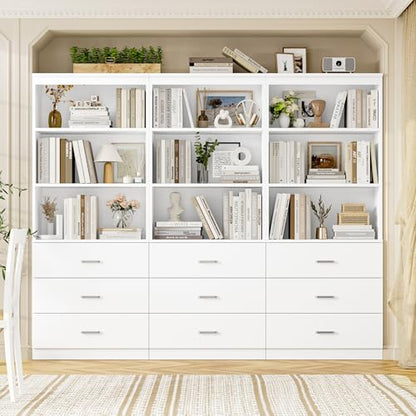71" H White Bookshelf with Drawers, Bookshelf and Bookcase with 3-Tier Open Shelves, Tall Bookshelf Tall Storage Cabinet for Home Office