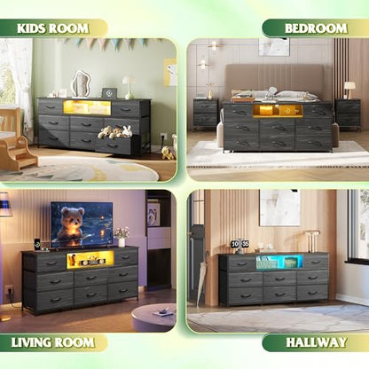 Dresser TV Stand for 65 Inch TV, 8 Drawers, LED, Black Wood Grain, view 5