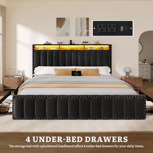 King Size Bed Frame with 4 Storage Drawers, RGB LED Light, Black, view 9