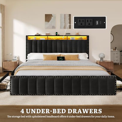 King Size Bed Frame with 4 Storage Drawers, RGB LED Light, Black, view 9