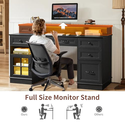 Farmhouse Executive Desk Computer Desk with Drawers，Black, view 8