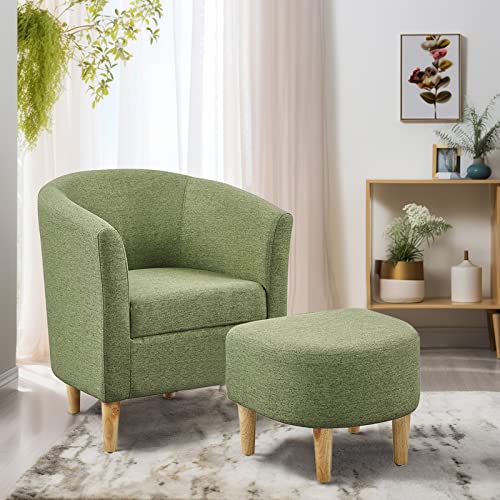 Mid Century Modern Chair, Accent Chair Barrel with Ottoman Comfy Arm Footrest Set Comfortable Living Room Chairs Upholstered Round Club Tub Sofa for Bedroom Reading Green, Set of 1