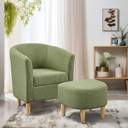 Mid Century Modern Chair, Accent Chair Barrel with Ottoman Comfy Arm Footrest Set Comfortable Living Room Chairs Upholstered Round Club Tub Sofa for Bedroom Reading Green, Set of 1