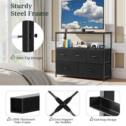 TV Stand, 5 Fabric Drawers Entertainment Center for TV up to 45 inch Wooden Media Console Table with Open Shelf, for Living Room, or Small Space, Black