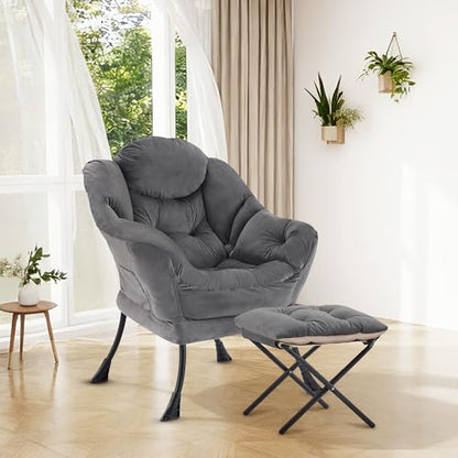 Lazy Chair with Ottoman, Modern Accent Lounge Chair with Side Pocket and Armrests, Cozy Reading Armchair with Footrest, Upholstered Sofa Chair for Small Spaces, Bedroom Living Room, Dark Grey