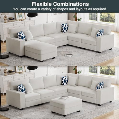 Oversized Modular Sectional Sofa,U/L‑Shaped Reversible Couch with Ottoman,Deep Seat Plush Polyester Sofa for Living Room,7‑Seater,Cream