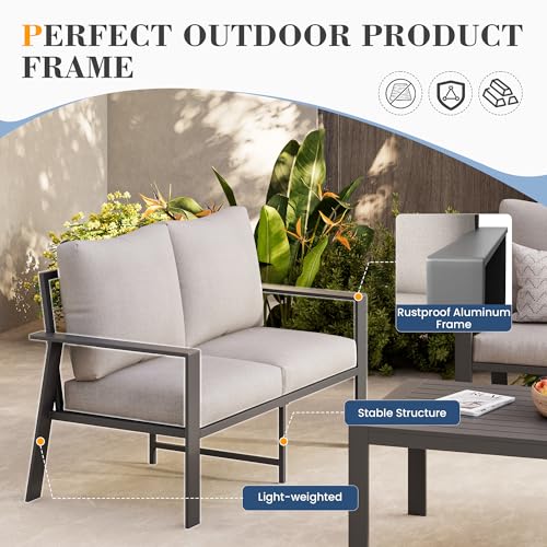 Aluminum Outdoor Loveseat with Coffee Table Small Furniture Patio Love Seat Couch Outdoor Chairs with 4" Cushion Loveseats Sofa for Poolside,Balcony,Deck,Yard