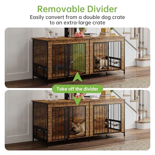 78" Dog Crate Furniture, Rotating Bowl Rack, Steel Frame, Brown, view 3