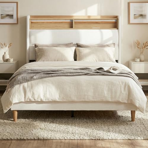 Queen Bed Frame with 51.8" Wingback Bookcase Storage Headboard, Cream Beige Upholstered Platform Bed with Charging Station (Type-C) & LED Lights, No Box Spring Needed, Cream Aesthetic