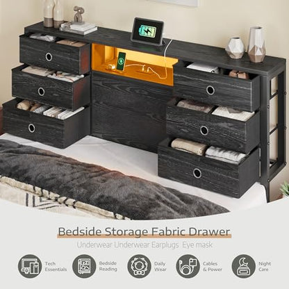 King Size Bed Frame with 9 Drawers and Charging Station,Black, view 4